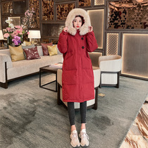 Anti-season big hair collar down jacket womens long 2021 New explosion knee white duck down hooded coat winter