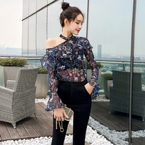 Very Fairy Blouse Summer Ultra Fairy Ocean Dew shoulder Lotus Leaf with Shredded Flowers Sunscreen Shirted Shoulder Snowspun Shirt Lady Spring Autumn