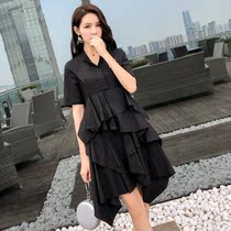 Irregular black dress female spring 2021 new waist thin temperament design sense minority Hepburn dress