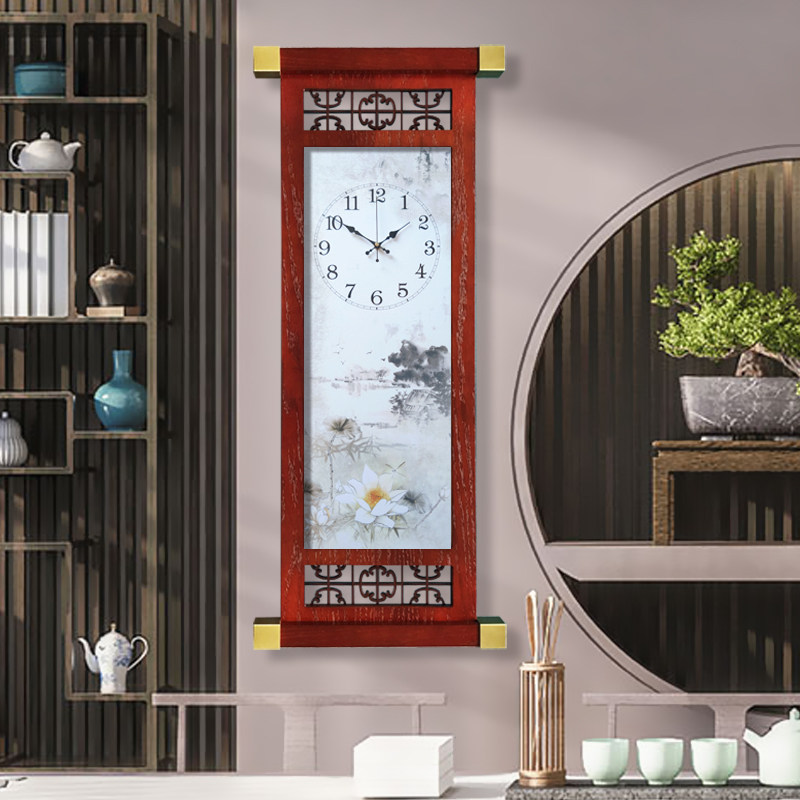 New Chinese style solid wood wall clock rectangular horizontal version vertical version Chinese style simple clock creative quartz clock Living room atmosphere