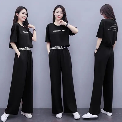 含棉单/套装夏季新款韩版时尚宽松显瘦短袖套装休闲阔腿裤两件套