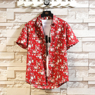 Men's Cool Floral Short-Sleeve Shirt, Summer Japanese Style, Loose Fit, Plus Size Men's Clothing, Red Hawaiian Hong Kong Style Shirt, Trendy