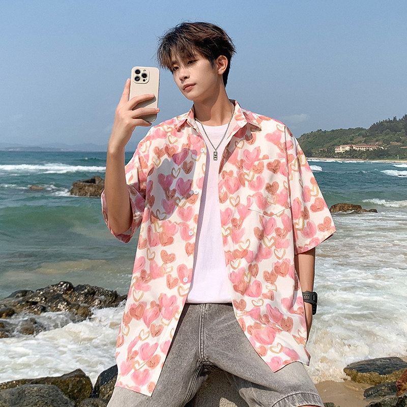 Summer Hong Kong Style Beach Shirt, Retro, Cool, Trendy, Casual, Loose Short-Sleeved Hawaiian Couple Shirt, Floral Shirt
