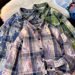 American Retro Tie-Dye Plaid Shirt for Men, Spring and Autumn, High-End Long-Sleeved Shirt, Trendy Brand, Niche Couple Style Jacket