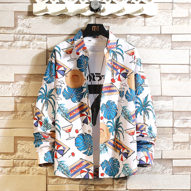 Long-Sleeved Shirt for Men, Autumn Korean Style, Hawaiian Floral Print Casual Shirt, Japanese Trendy Brand, Loose Large Size Jacket