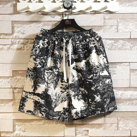 Hawaiian Ice Silk Shorts Men's Summer Thin Trendy Brand Printed Beach Pants Loose Large Size Casual Sports Five-Point Pants