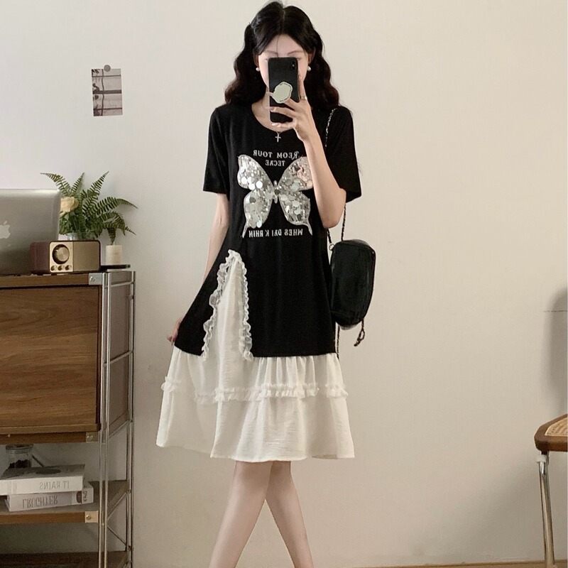 Plus Size Belly-Covering High-End Texture Accessible Luxury Top T-Shirt Skirt Loose Slimming Look Mid-Length Sequined Fashion Dress Plus Size Belly-Covering High-End Texture Accessible Luxury Top T-Shirt Skirt Loose Slimming Look Mid-Length Sequined Fashion Dress