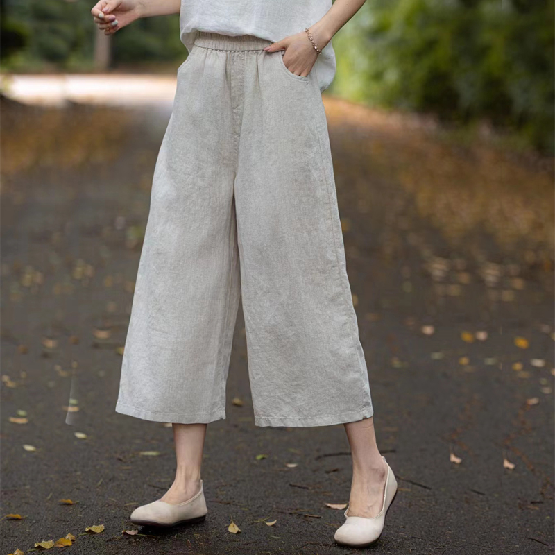Pure Linen Cropped Pants for Women, Summer Simple Versatile Casual Pants, Artistic Retro Slimming Thin Straight Wide-Leg Pants