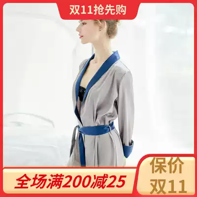 Nightgown female spring and autumn French bride satin morning robe men and women couples long version pajamas thin sexy ice silk bathrobe summer