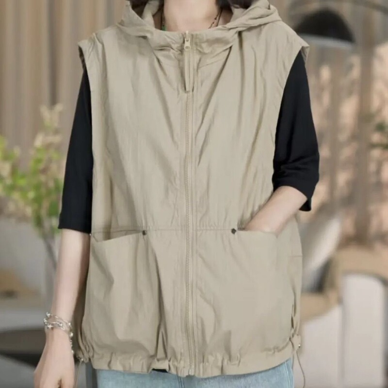 Summer New Women's Reversible Hooded Vest, Women's Spring and Autumn Casual Fashion Versatile Sleeveless Jacket, Lightweight Vest