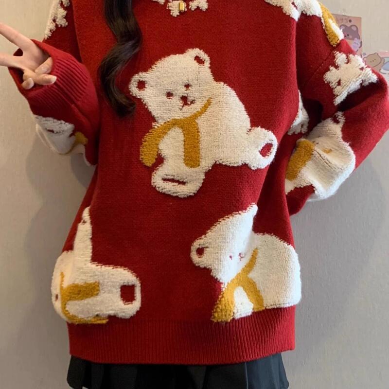 Red Christmas and New Year Cute Bear Sweater for Women, Suitable for Their Zodiac Year, Autumn and Winter Outerwear, Loose and Lazy Style Knit Top