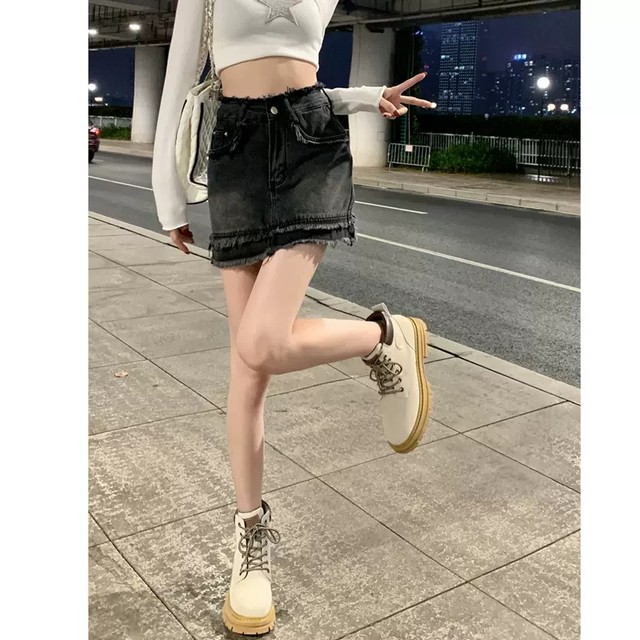 ຮ້ອນສາວອາເມລິກາ retro denim skirt ແມ່ຍິງ plus size fat mm raw edge hip skirt A-line short skirt culottes skirt