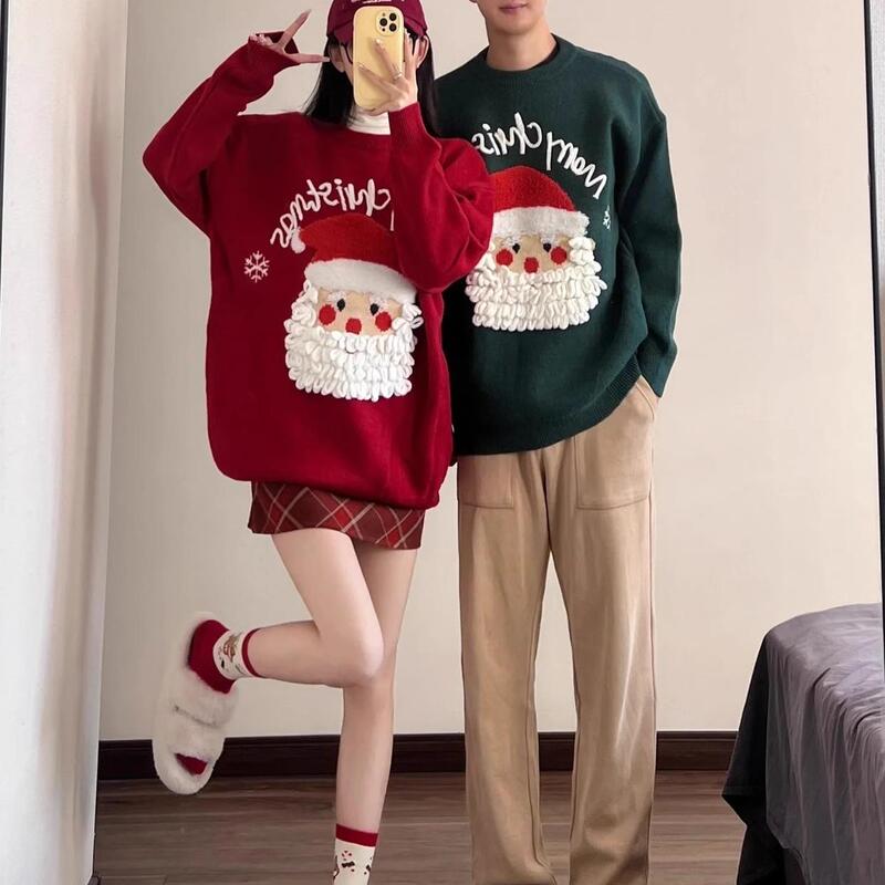 Retro Couple Outfit Santa Claus Red Sweater for Women in Autumn and Winter, Loose and Lazy Style, Atmospheric Hong Kong Style Knitted Sweater