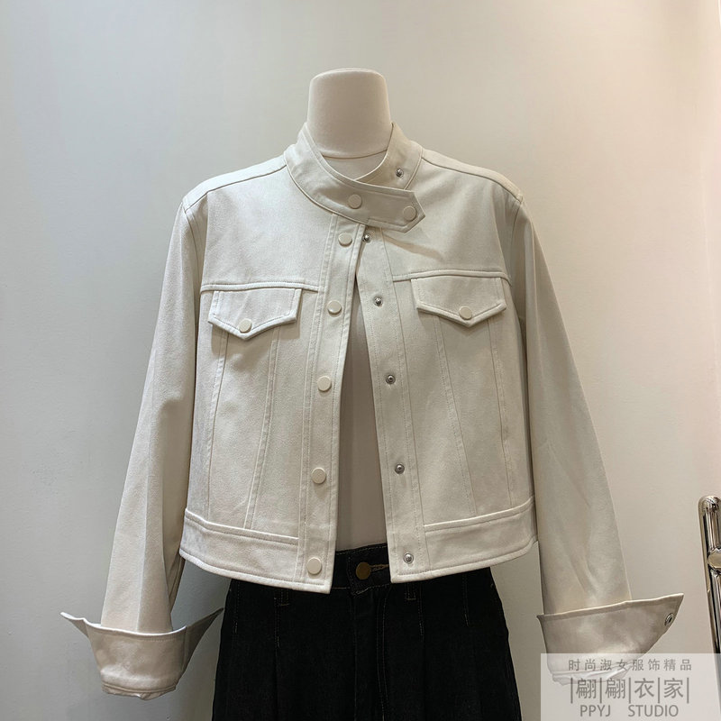 Off-White Suede Short Jacket for Women 2026 Spring New Korean Style Single-Breasted Petite Stand Collar Work Jacket