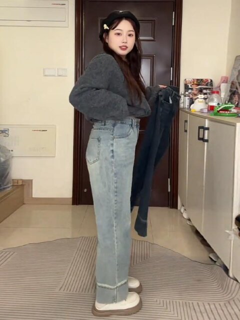 Large size American retro jeans for women in spring, fat mm, slim, loose straight nine-point pants, wide-leg pants, high-waisted pants