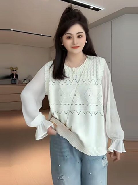 Plus-Size Patchwork Chiffon Knit Shirt for Women, Spring Season, Slimming for Chubby Girls, Unique and Chic, Loose-Fitting Top