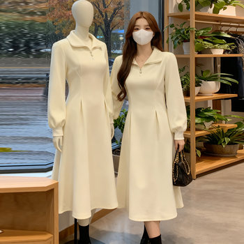 Plus-Size Sweatshirt Dress for Petite Women, Autumn and Winter, Fleece-Lined, Slimming, Waist-Cinching, Regular Shoulder, Base Layer, Polo Collar Dress