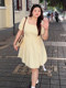 Plus-Size French-Style Gentle Yellow Short-Sleeve Dress for Summer, Slimming Waist, Tummy-Covering, Floral Puff Skirt