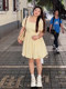 Plus-Size French-Style Gentle Yellow Short-Sleeve Dress for Summer, Slimming Waist, Tummy-Covering, Floral Puff Skirt