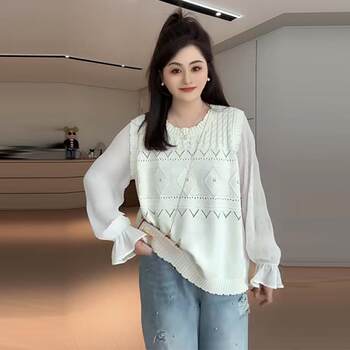 Plus-Size Patchwork Chiffon Knit Shirt for Women, Spring Season, Slimming for Chubby Girls, Unique and Chic, Loose-Fitting Top