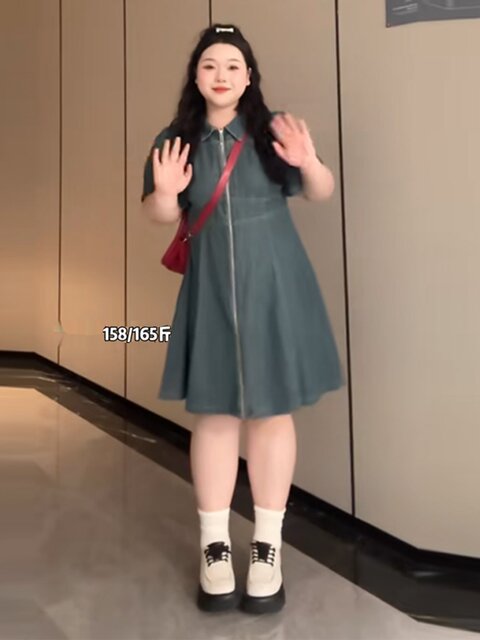 Plus-Size Designer Zipper Denim Dress for Summer, Conceals Belly Fat, Slimming, French-Style Shirt Dress