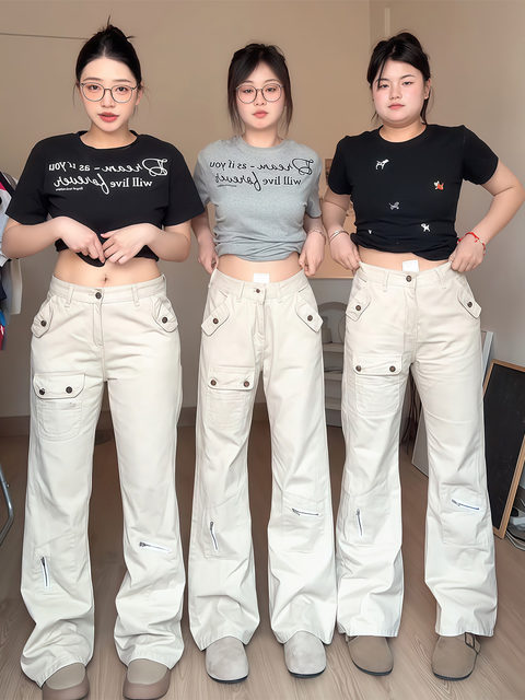 Large size American design multi-pocket boot-cut pants for women with fat mm slimming overalls wide-leg pants high-waisted trousers ins