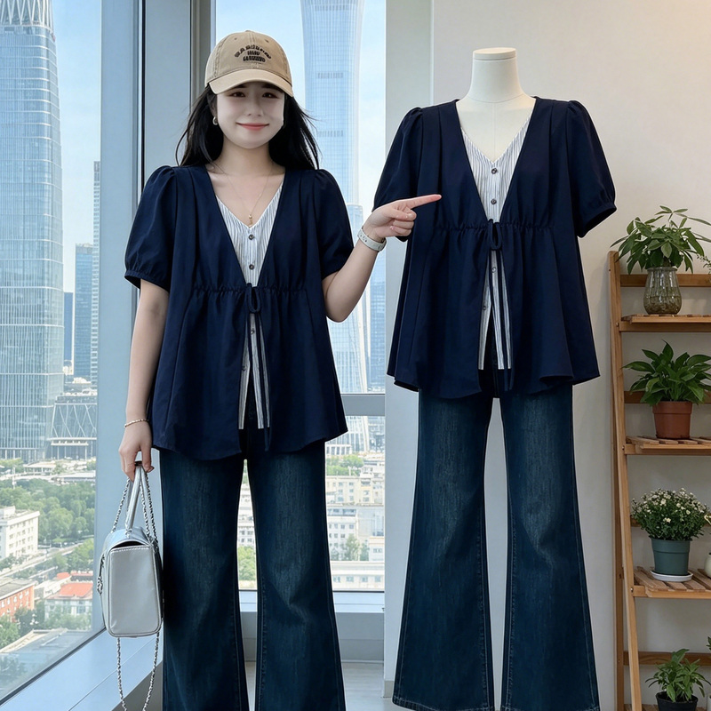 Plus-Size Designer Niche Versatile Babydoll Top for Women, Summer Slimming V-Neck Fake Two-Piece Short-Sleeve T-Shirt for Slightly Chubby Women Plus-Size Designer Niche Versatile Babydoll Top for Women, Summer Slimming V-Neck Fake Two-Piece Short-Sleeve T-Shirt for Slightly Chubby Women