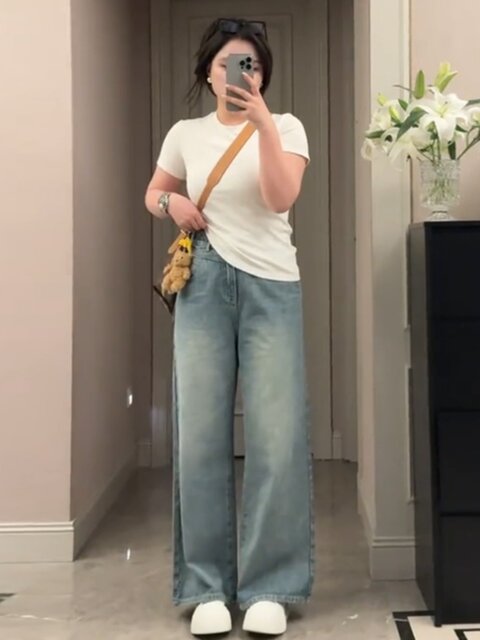 Plus-Size Tencel Jeans for Women, Spring and Summer Thin Style, Slimming Loose Straight-Leg Light-Colored Wide-Leg Pants, High-Waisted Trousers