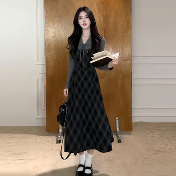 Plus-Size Retro Plaid Two-Piece Dress for Women, Autumn and Winter, Slimming for Chubby Girls, Niche Waist-Cinching, Preppy Style Dress