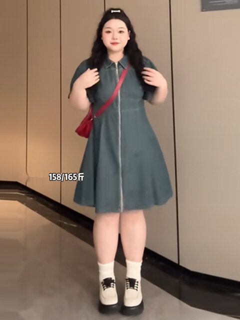 Plus-Size Designer Zipper Denim Dress for Summer, Conceals Belly Fat, Slimming, French-Style Shirt Dress