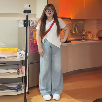 Plus-Size Embroidered Wide-Leg Jeans for Women, Summer Versatile, Loose Fit, Slimming, Body-Covering Straight-Leg Pants, High-Waisted Trousers