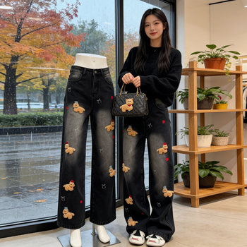 Plus-Size Casual Embroidered Jeans for Women, Autumn and Winter, Slimming High-Waisted Wide-Leg Pants, Fleece-Lined Warm Pants