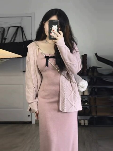 Large size suspender dress suit spring and autumn fat mm slimming cover French tea break high-end temperament two-piece set