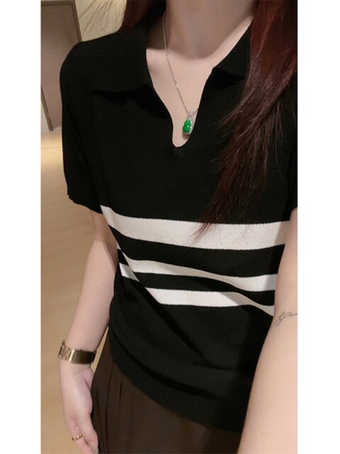 Plus-Size Polo Collar Short-Sleeve T-Shirt for Women, Summer, Slightly Chubby, Slimming, Loose, Covers Body, Striped, Versatile V-Neck Top