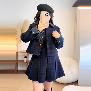 Plus-Size Chanel-Style Color-Block Suit for Women, Autumn and Winter, Slimming and Elegant for Petite Figures, Pleated Skirt Two-Piece Set