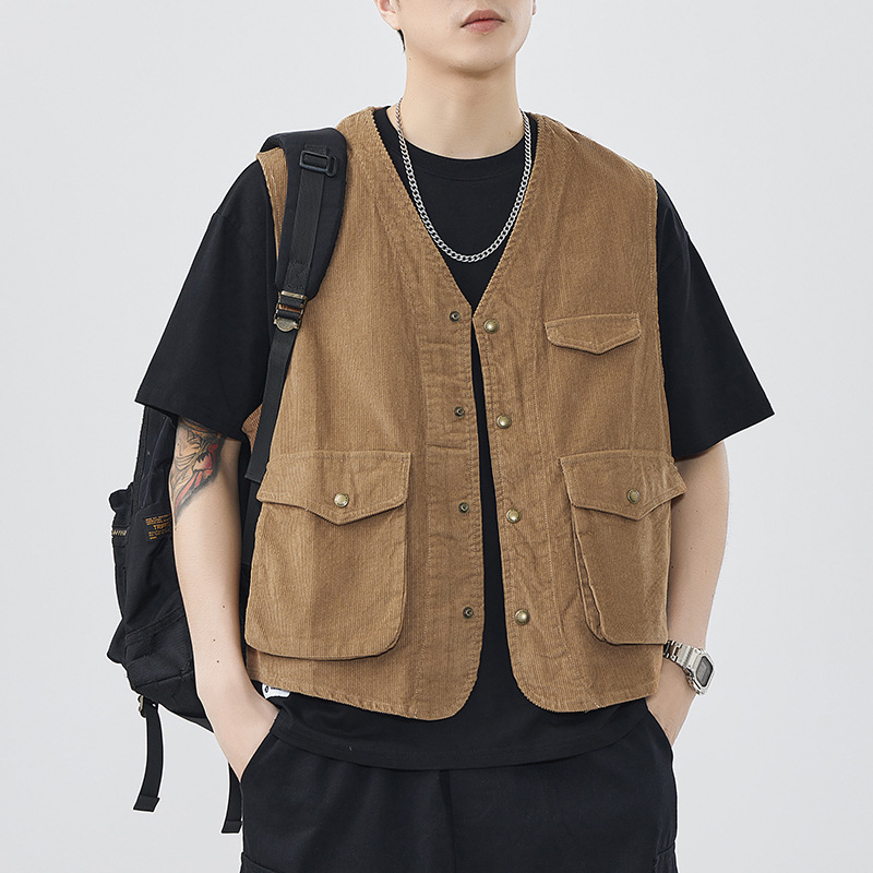Ami Khaki Corduroy Vest Men's Japanese Style Retro Sleeveless Vest Maillard Functional Workwear Cotton Waistcoat