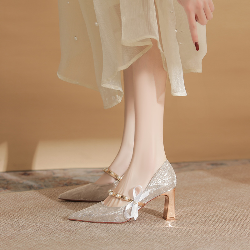 High-Heeled Shoes for Women, Elegant and Comfortable, Thick-Heeled Wedding Shoes, Bride's Shoes, 2025 New Pointed-Toe Silver Single Shoes, Stunning