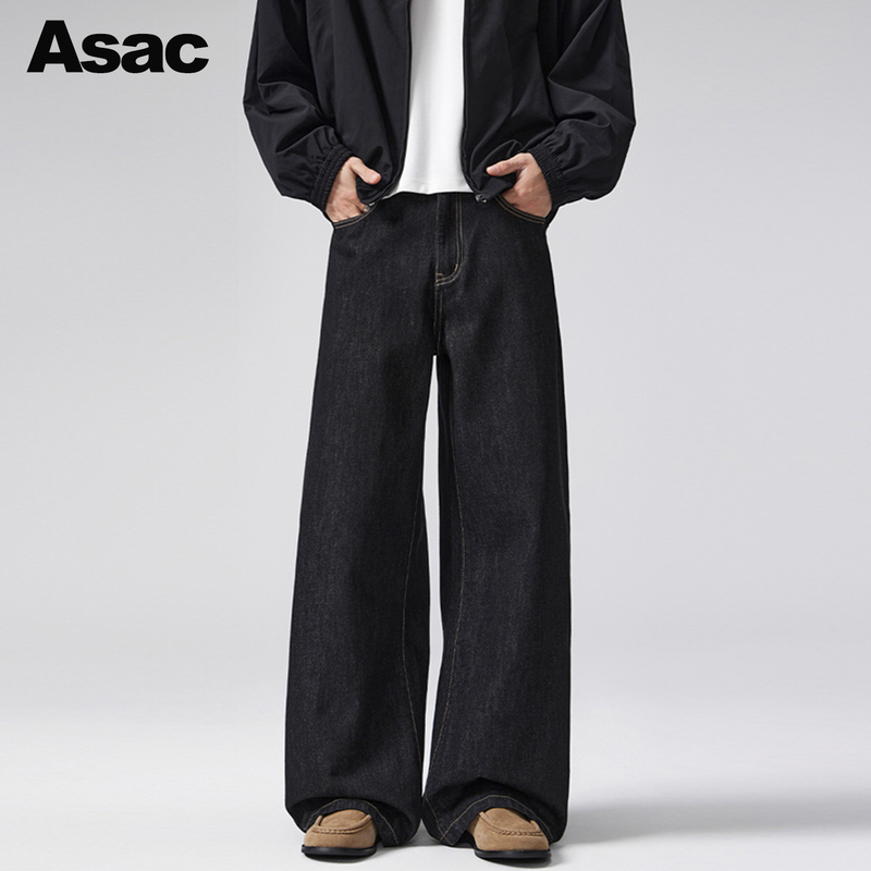 Asac Retro Vintage Old Money Style Raw Denim Black Loose Straight A-Line Jeans for Men 2025 Winter New Long Pants
