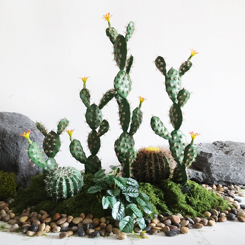 Simulated Cactus Green Plant Potted Indoor Decoration, Bionic Sand Plant with Flat Thorns, Landscaping Ornament Bonsai Set