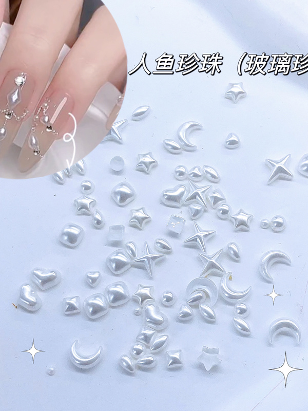 New Nail Art High-Gloss Glass Pearl Decorations, Irregular Glass Pearls That Don'T Peel Off, Semi-Round Pearls in White