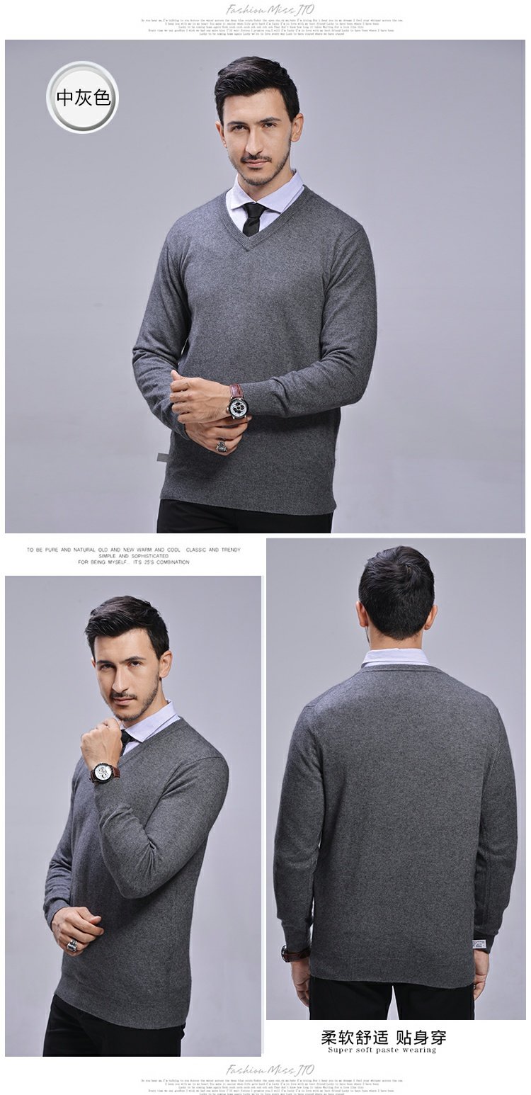 Áo len cashmere mùa thu và nam cổ chữ V 100% áo len cashmere nguyên chất làm dày đầu áo len cổ chữ V trẻ trung tăng áo len bomber nam