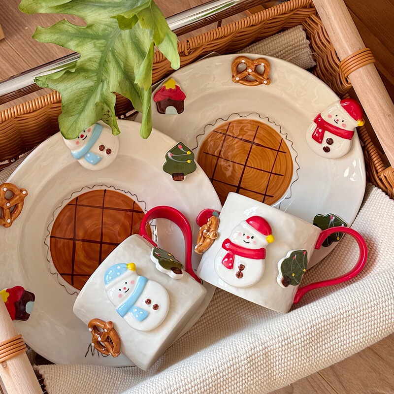 Snowman Tableware Set for Home Use, High Temperature Resistant, Single-Serving Plate, Rice Bowl, Spoon, Creative Mug, Dessert Bowl, Birthday Gift