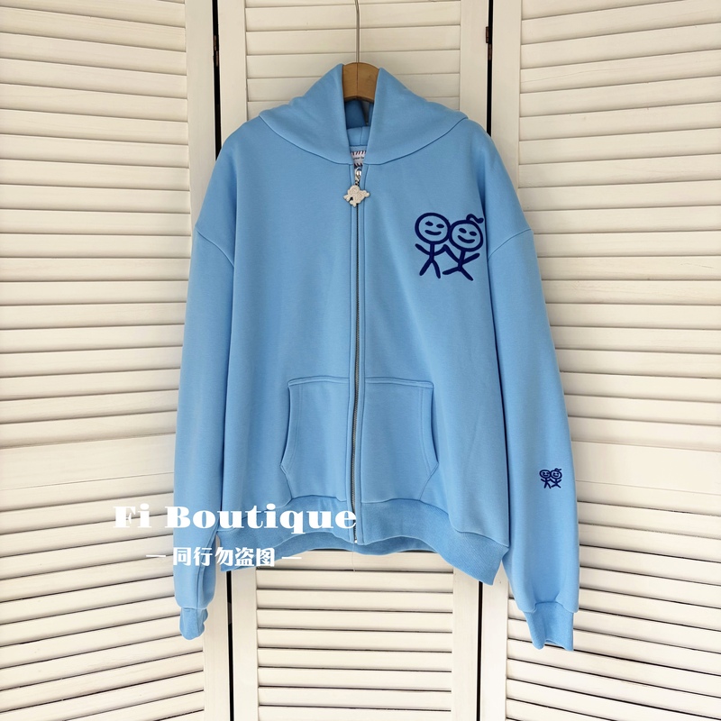 Stickman Blue Embroidered Fleece-Lined Thickened Hooded Zip-Up Sweatshirt Jacket Stickman Blue Embroidered Fleece-Lined Thickened Hooded Zip-Up Sweatshirt Jacket