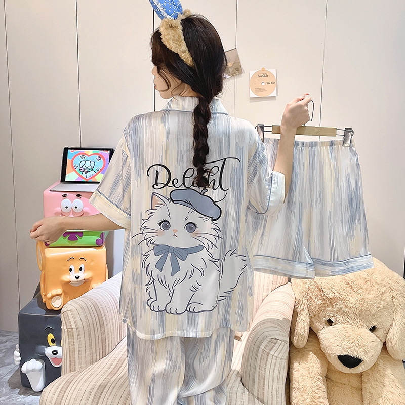 2026 Super Popular Ragdoll Cat Ice Silk Pajamas for Women, Summer Cool Short-Sleeve Long Pants Three-Piece Cartoon Homewear Set 2026 Super Popular Ragdoll Cat Ice Silk Pajamas for Women, Summer Cool Short-Sleeve Long Pants Three-Piece Cartoon Homewear Set