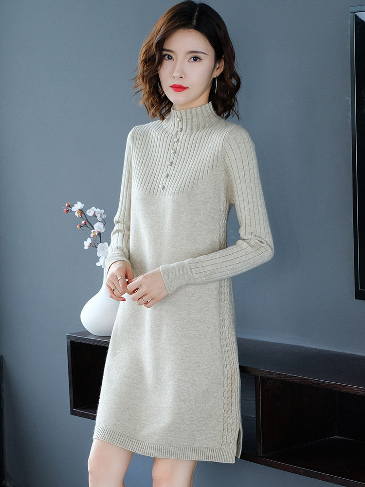 The long version of the sweater women loose autumn and winter 2021 new with a coat semi-high collar with the bottom of the knitwear sweater skirt
