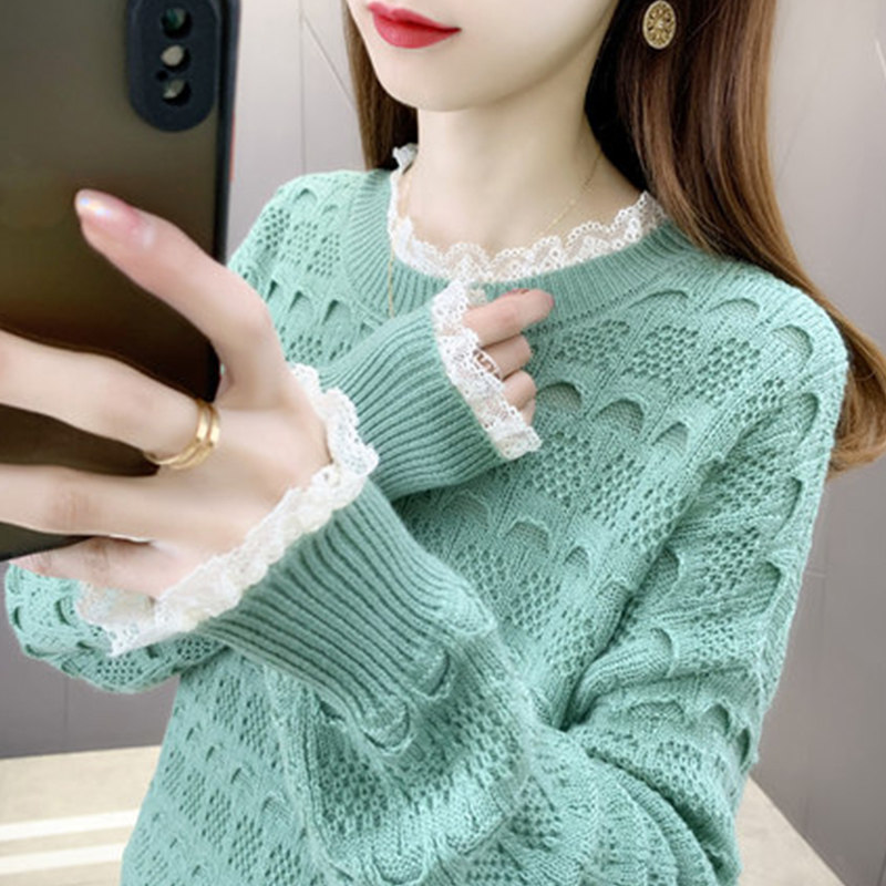 Lace stitching short women's sweater spring and autumn 2021 new women's loose outer wear sweater foreign style blouse