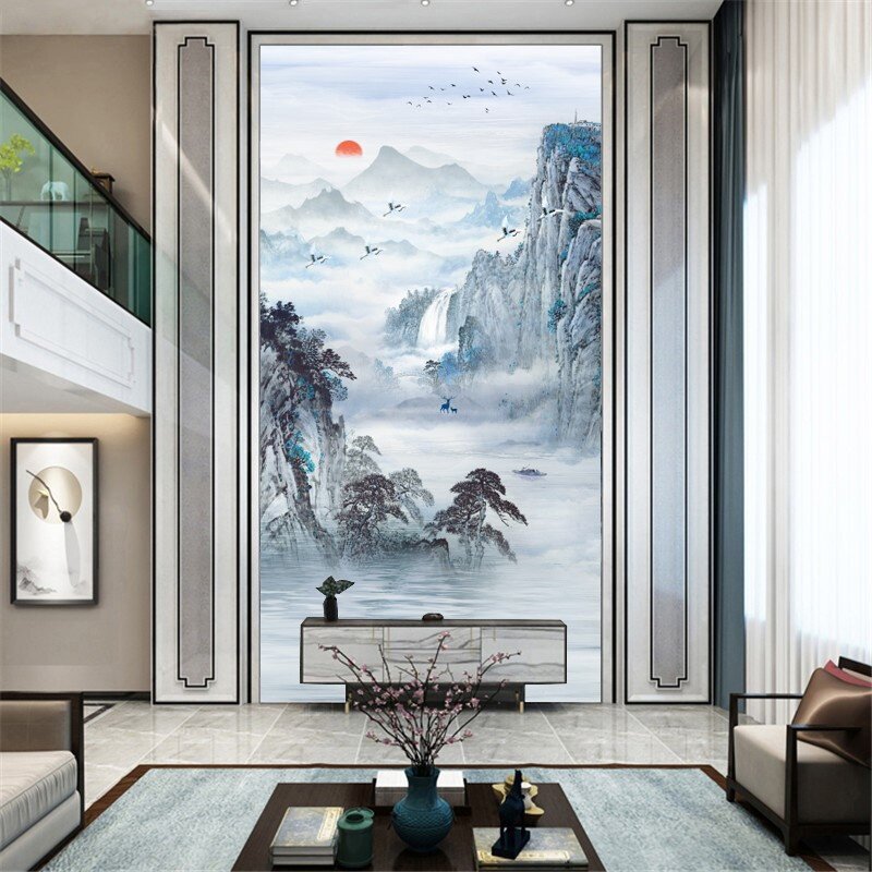 New Chinese ink and ink landscape bamboo and wood fiber integrated wall panel pick up living room TV background landscape duplex building buckle plate