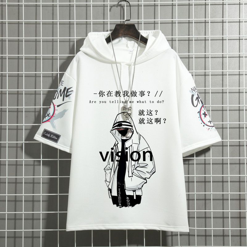 Summer Thin Style Ins Trendy Brand Hooded Short-Sleeved White Sweatshirt for Boys with Hooded Clothing and Patch Decoration T-Shirt Sweatshirt