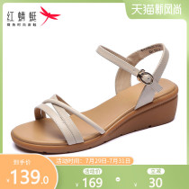 Red dragonfly sandals womens summer new casual flat sandals wedge heel simple word buckle middle heel leather fairy wind