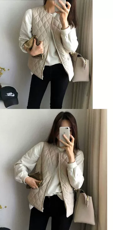 Mùa thu đông Hàn Quốc mới vest nữ ngắn đoạn cotton nhẹ áo vest cổ tròn vest vest rộng vai sinh viên hoang dã